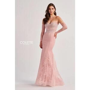Colette Mon Cheri CL8415 Chantilly Lace Pink Gown Mermaid Beaded Corset sz 4